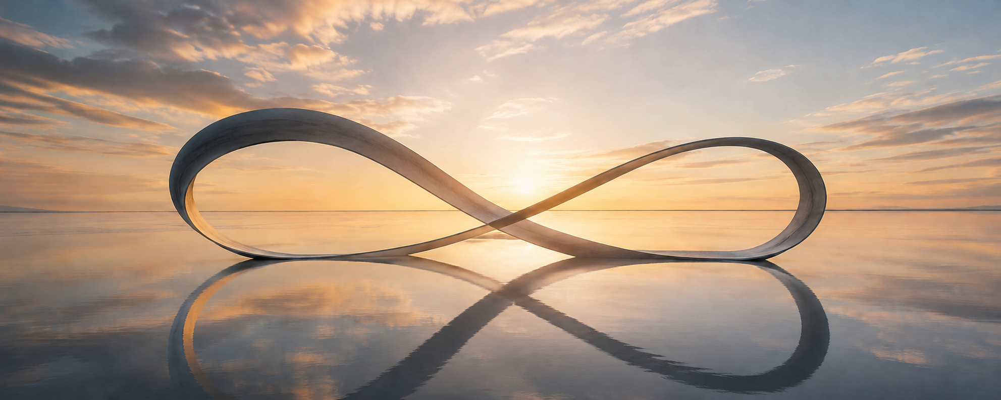 A sculptural infinity loop reflected on calm water at sunset